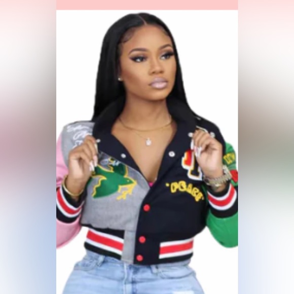 Printed Color Matching Cropped Varsity Jacket - Picture 1 of 4